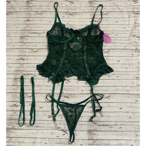 NEW AVIDLOVE Womens Lingerie 2pc Set Lace Bralette Bustier Panty Sz Medium Green